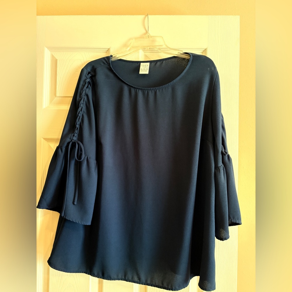 Time and Tru Navy Blouse with Tie Sleeves - Picture 1 of 2